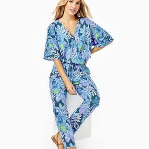 NWT Lilly Pulitzer Merrick Jumpsuit Macaw Blue Tall Me About Size Small